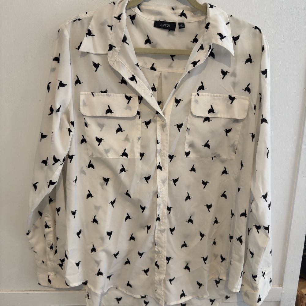 Apt. 9 Ivory Shirt with Black Bird Pattern - XL